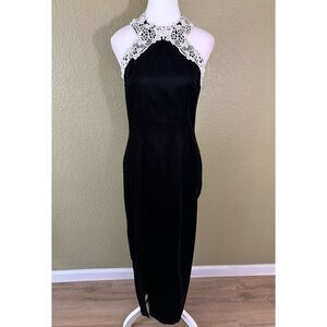 Jessica McClintock Womens 7/8 High Neck Black Velvet Maxi Dress Lace Trim Formal